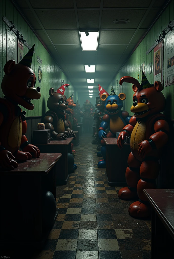 Disco with colorful dance floor in an abandoned pizzeria, with dirty, horrifying animatronics and smeared with blood 