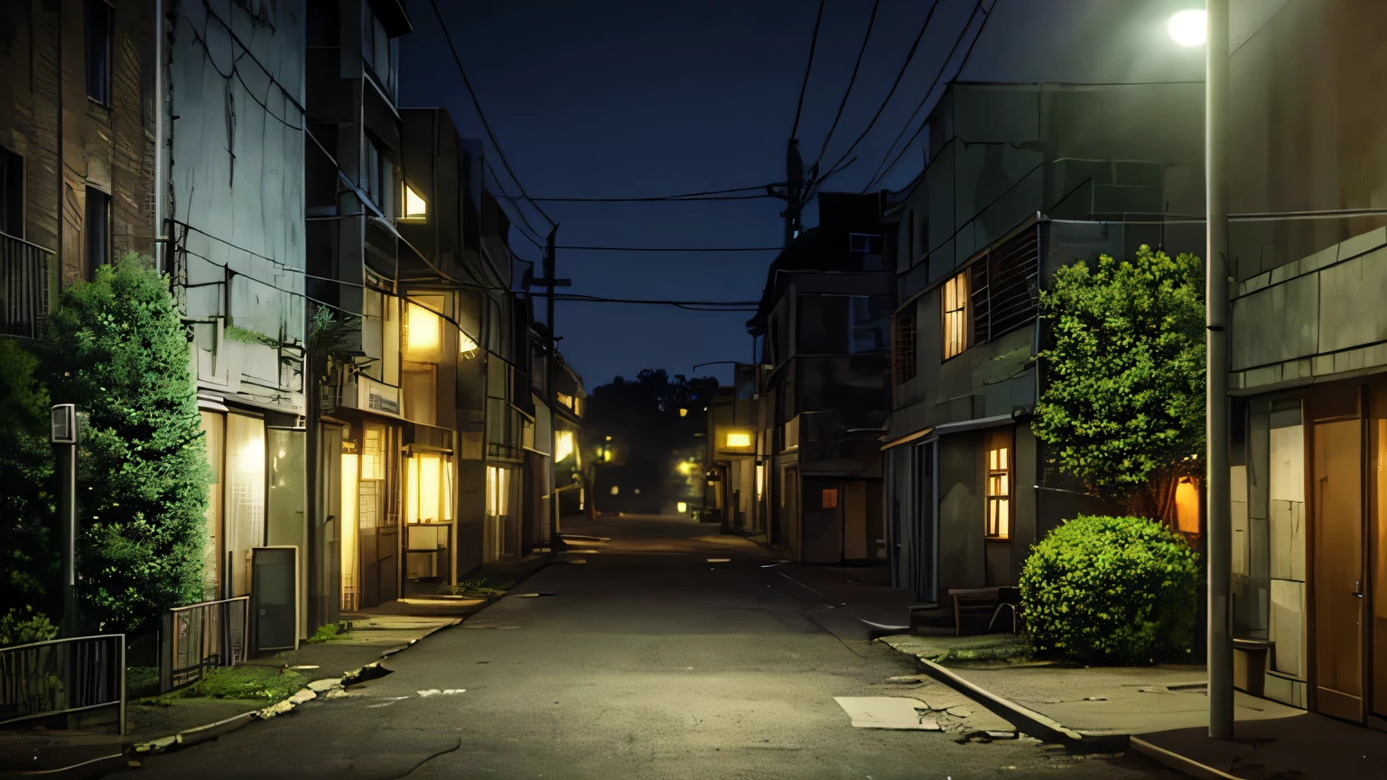 A highly detailed, realistic yet anime-inspired scene of a modern abandoned city at night. The setting features a desolate, dimly lit street running through the center, surrounded by decaying houses and tall buildings with shattered windows and overgrown plants creeping up the walls. In the middle of the street stands a lone girl, her small figure emphasized against the vast, empty urban landscape, enhancing the sense of isolation. The atmosphere is eerie and quiet, with soft, muted streetlights casting a melancholic glow over the scene, highlighting the emptiness of the city