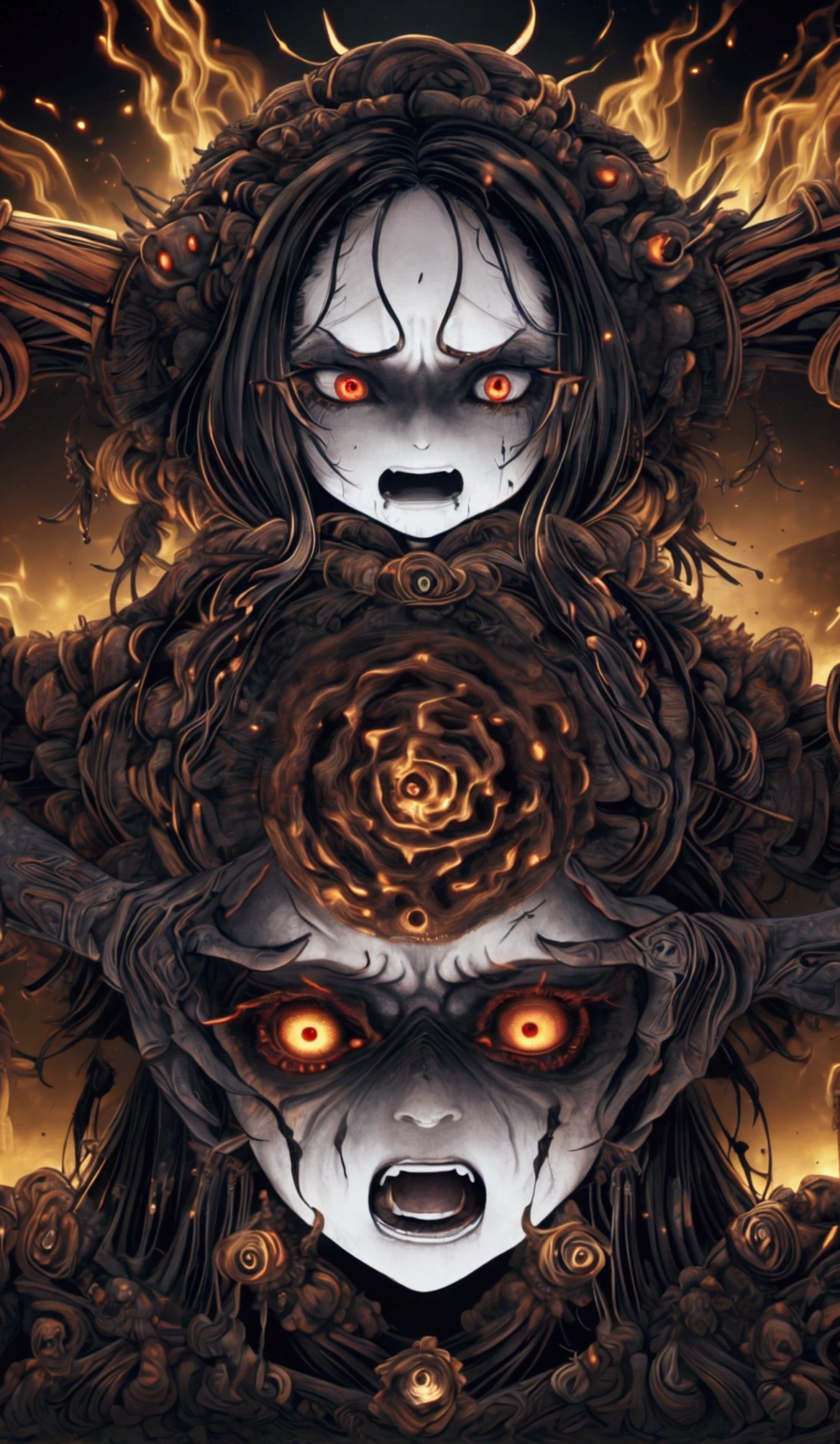 "A witch who lives in a terrifying mountain ,  She has black disheveled hair and fiery red eyes,  She raises her hands while cursing the villagers .  Her face is distorted with anger ,  Her body is burning while being engulfed in flames .  The villagers stand in the background , Frozen with fear,  is watching the scene with horror ."
