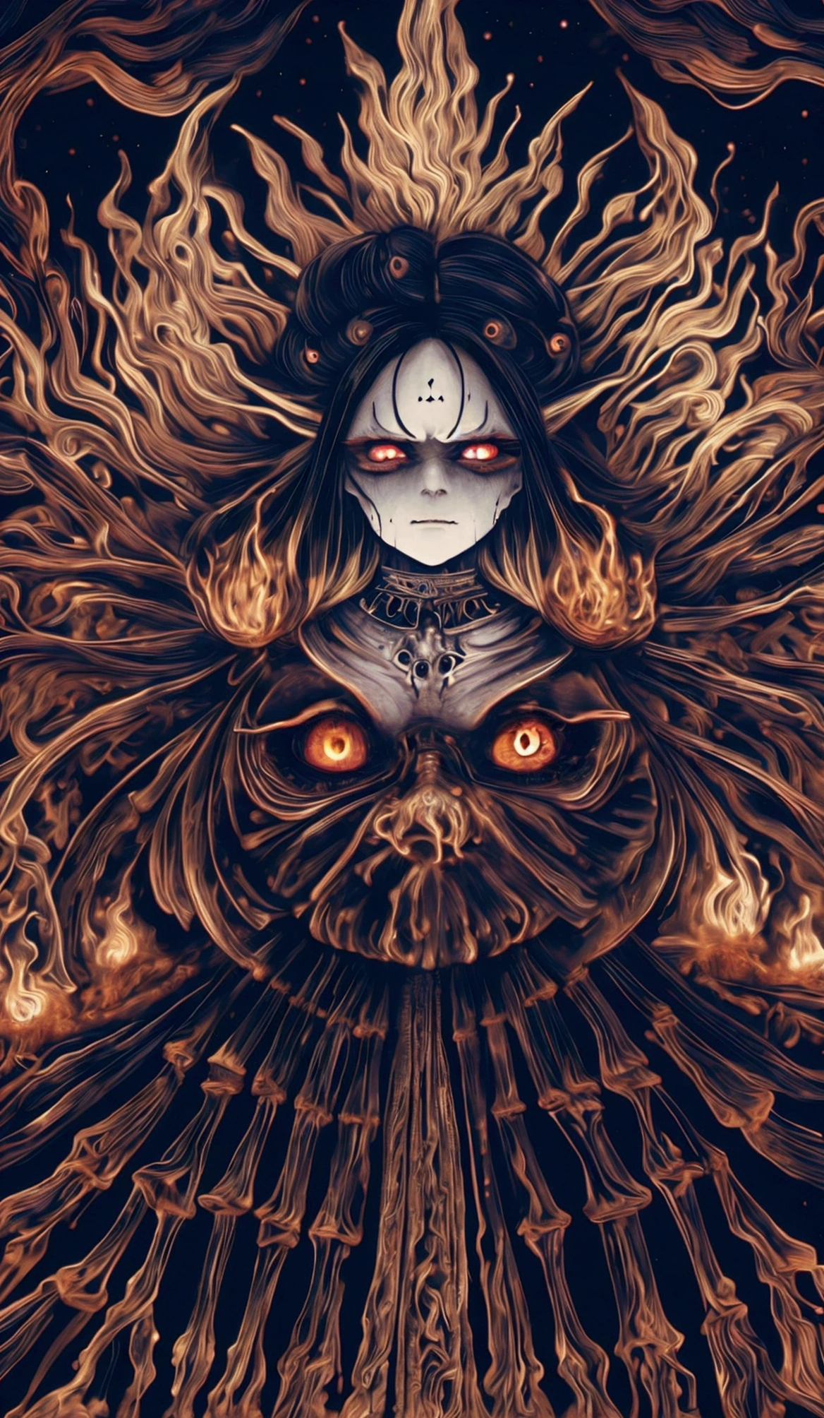 "A witch who lives in a terrifying mountain ,  She has black disheveled hair and fiery red eyes,  She raises her hands while cursing the villagers .  Her face is distorted with anger ,  Her body is burning while being engulfed in flames .  The villagers stand in the background , Frozen with fear,  is watching the scene with horror ."
