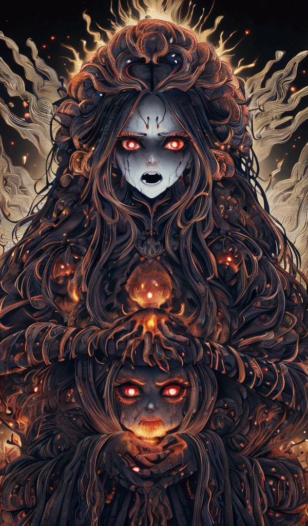 "A witch who lives in a terrifying mountain ,  She has black disheveled hair and fiery red eyes,  She raises her hands while cursing the villagers .  Her face is distorted with anger ,  Her body is burning while being engulfed in flames .  The villagers stand in the background , Frozen with fear,  is watching the scene with horror ."
