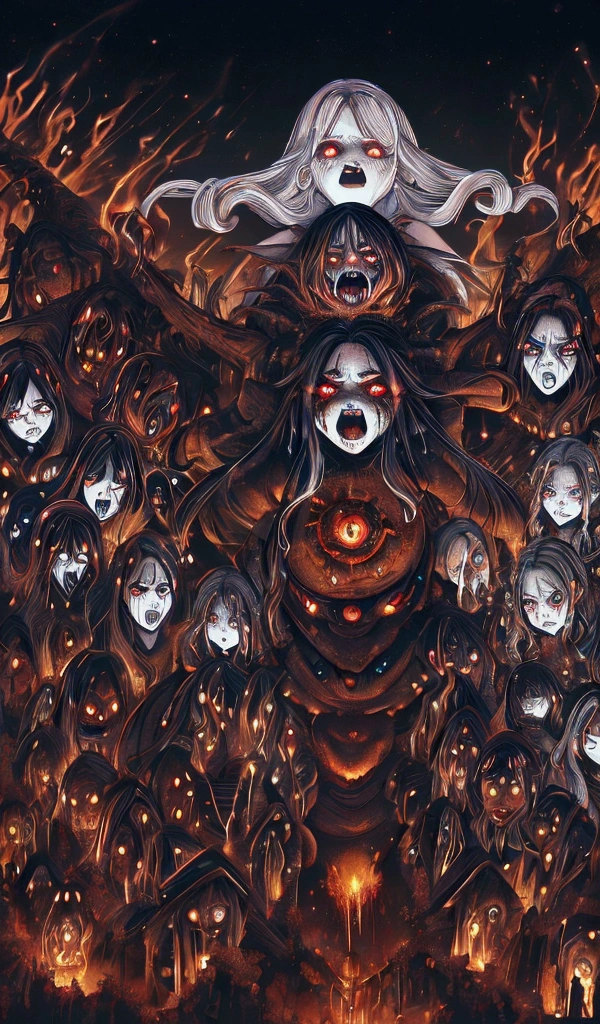 "A witch who lives in a terrifying mountain ,  She has black disheveled hair and fiery red eyes,  She raises her hands while cursing the villagers .  Her face is distorted with anger ,  Her body is burning while being engulfed in flames .  The villagers stand in the background , Frozen with fear,  is watching the scene with horror ."
