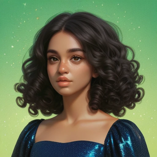 Beautiful, young woman, brown skin, brown eyes, nubian nose, full lips, very curly black hair, sparkly blue dress, emerald green background, portrait 