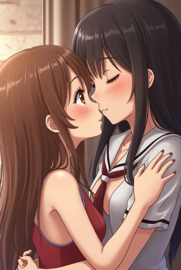 Kirisaki Chitoge, Onodera Kosaki, 2girls, agarre de, Brazos desnudos, hombros desnudos, Black bra, cabello rubio, sonrojarse, bien, brown hair, Disparo de vaquero, desde un lado, mano en la mejilla de otro, mano en la cara de otro, tenencia, besar, Intimate Wear, Cabello largo, minifalda, Varias chicas, Sujetador rosa, pelo corto, Fondo simple, falda, muslosaltos, ropa interior, Yuri. (NSFW:1.5)