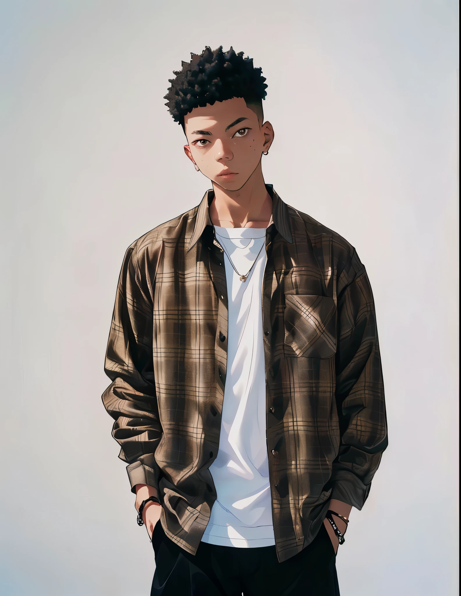 a man in a plaid shirt and black pants standing against a white wall, wearing a flannel shirt, he is wearing a brown sweater, flannel, in style of tyler mitchell, brown shirt, handsome chad chin, photo in style of tyler mitchell, reuben wu, jonny wan, hyung tae, andrew thomas huang, wearing a plaid shirt, profile shot, zac retz