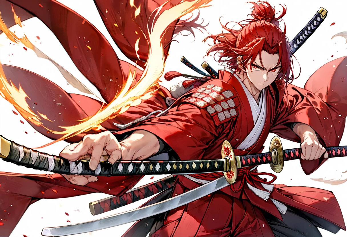 Score_9, Score_8, Score_7_up, 1man, samurai, white flame eye, red samurai armor, japan, (((Sword, perfection, perfection detail:1.5, great katana, huge, long, short 柄))), both hands, Have, Stance, Low body strength , dynamic, Oblique angle