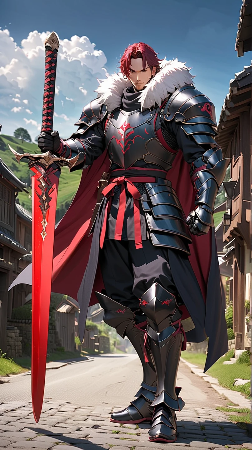 man,  Fairy Slayer , Holy Knight,Wears heavy armor(Black Red),karate,Greatsword,Fur collar ,Black woolen cape background on village and country road, Full Body View , man,  Very detailed,  high detail