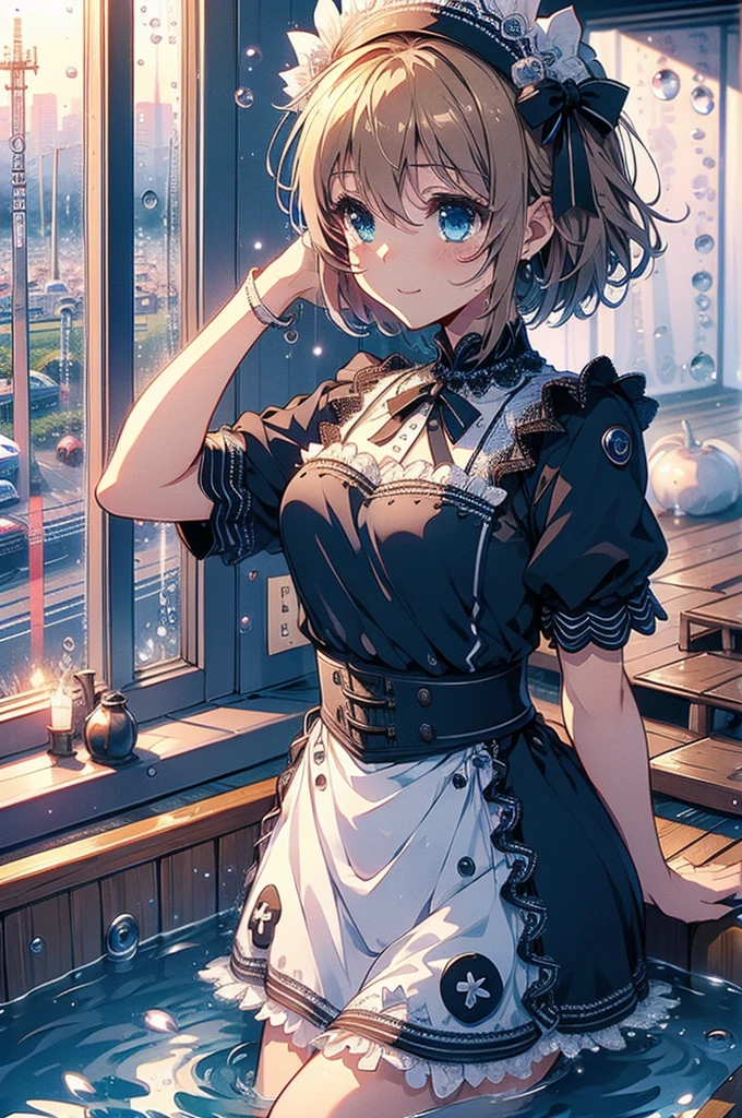 (4K,  super high quality, masterpiece:1.2),  super high definition, One person,  girl, cute, Blonde, Blue Eyes, Small breasts,  maid clothes,  black dress,  White Apron ,  white and black apron dress ,  Katyusha,  Blue Ribbon , Bathroom, Bathtub, Taking a bath, My clothes are still ,  soaked in water up to my chest, Submersion, Water droplets all over the body, soaked,  like a , Bright smile, 