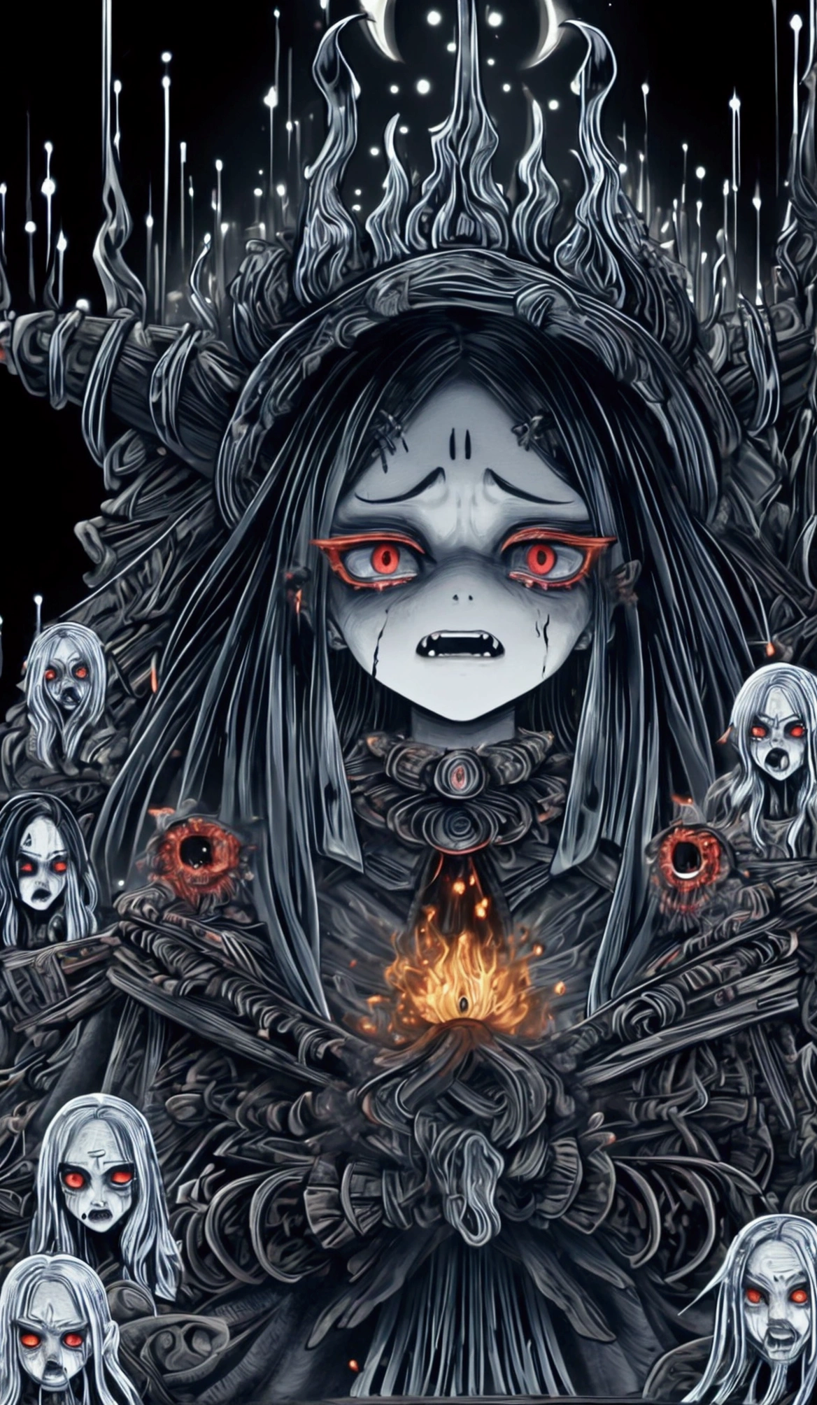 "A witch who lives in a terrifying mountain ,  She has black disheveled hair and fiery red eyes,  She raises her hands while cursing the villagers .  Her face is distorted with anger ,  Her body is burning while being engulfed in flames .  The villagers stand in the background , Frozen with fear,  is watching the scene with horror ."
