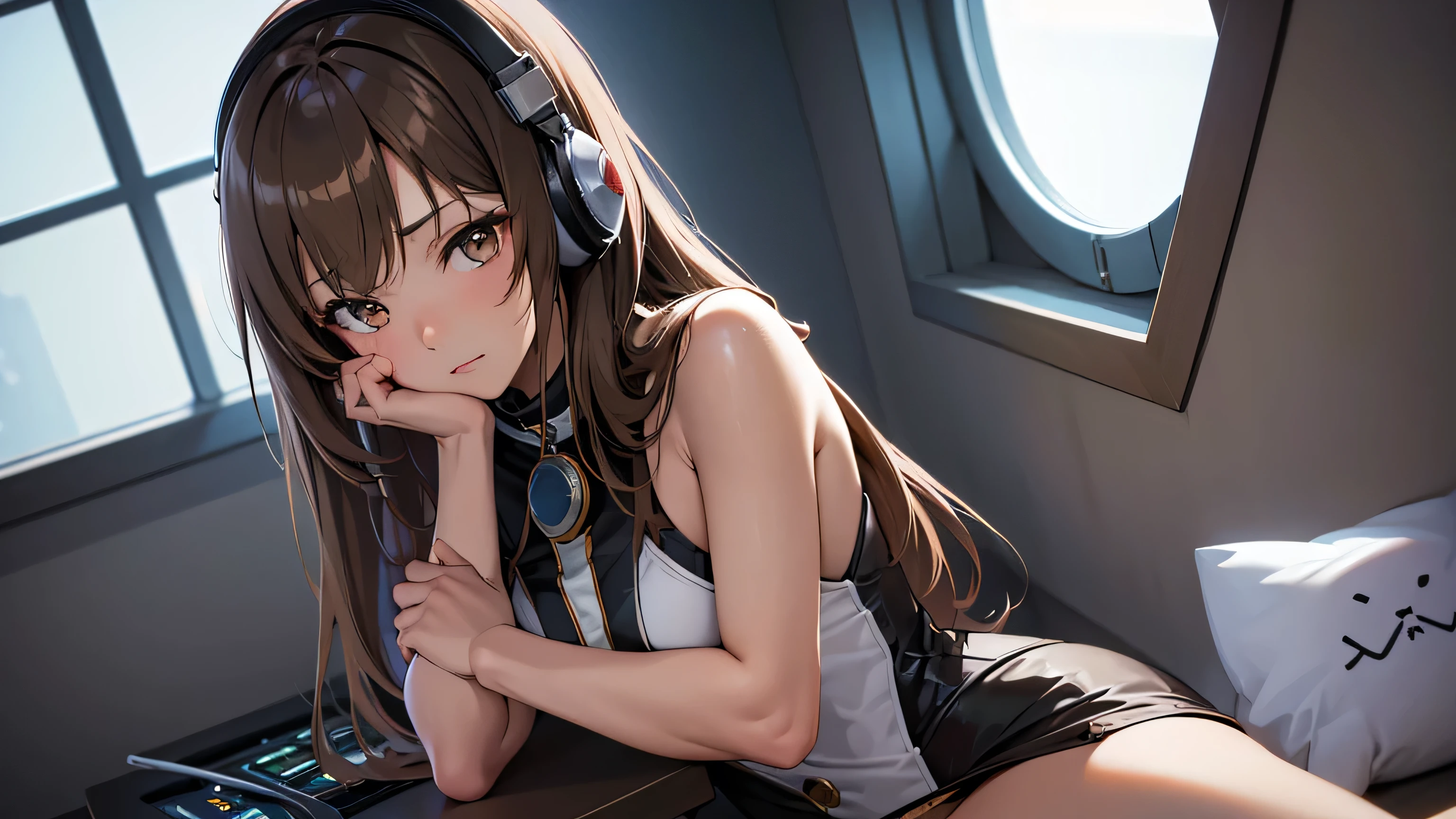 Glass wall、Glazed windows、 girl, DJ, DJ girl, headphones, Highly praised, ( High Quality),masterpiece, best quality,extremely Details CG wallpaper, ultra_ Details,( Movie Lighting:1.1), (Cold Face), Odd Eye, 1 girl , alone, Dark Red Hair, semi-long, masterpiece, best quality, (Great photo), ( Detailed body ),Small Head:1.3,Beautiful Skin,(Brown Skin:1.8),Center Configuration, ,(whole body:1.4),((Accurate limbs:1.2,Realistic:1.3, RAW Photos:1.3,masterpiece、Best Quality、ultra - high resolution on down、 high resolution on down、very detailsCG on the belt、8k)),