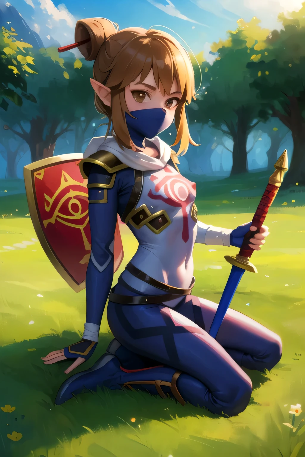 (masterpiece), (best quality), detailed face, 1 Girl, hyrule field, stealthpokemontrainergloria, pointy ears, medium Brown hair, mask, armor, brown eyes, bodysuit, single hair bun, medium breast, full body, sword and shield, goblins ambush, combat,