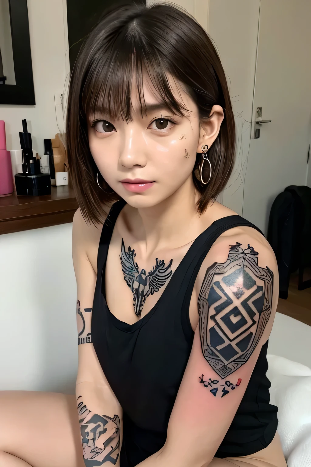 Look into the eyes,　Eye contact,　Front of face,　face,　Cross-legged,　indoor,　Brown Hair,　bangs,　clavicle,　clavicle,　clavicle,　shoulder,　Cross-legged,　chest,　Earrings,　The gaze looking down on me,　Private room,　Tank top,　tattoo,　tattoo,　tattoo,　tattoo,　(Look at me,Oily skin,Moisturizing the skin:1.5)