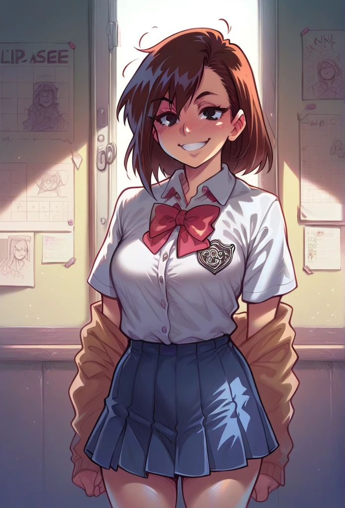 Momo Ayase drawing style Melkor Mancin , short brown hair , tendrils, school uniform,  short skirt well-shaped breasts High resolution,  masterpiece ,  lyrics, black eyes , smiling 