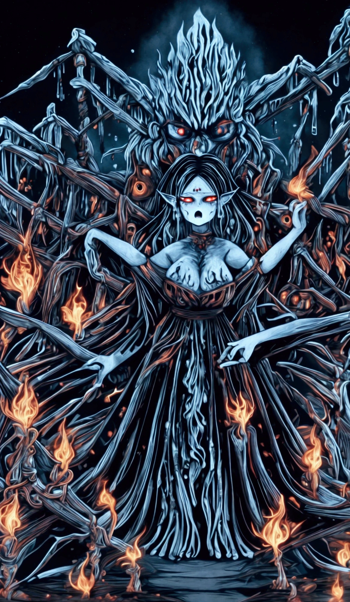 "A witch who lives in a terrifying mountain ,  She has black disheveled hair and fiery red eyes,  She raises her hands while cursing the villagers .  Her face is distorted with anger ,  Her body is burning while being engulfed in flames .  The villagers stand in the background , Frozen with fear,  is watching the scene with horror ."
