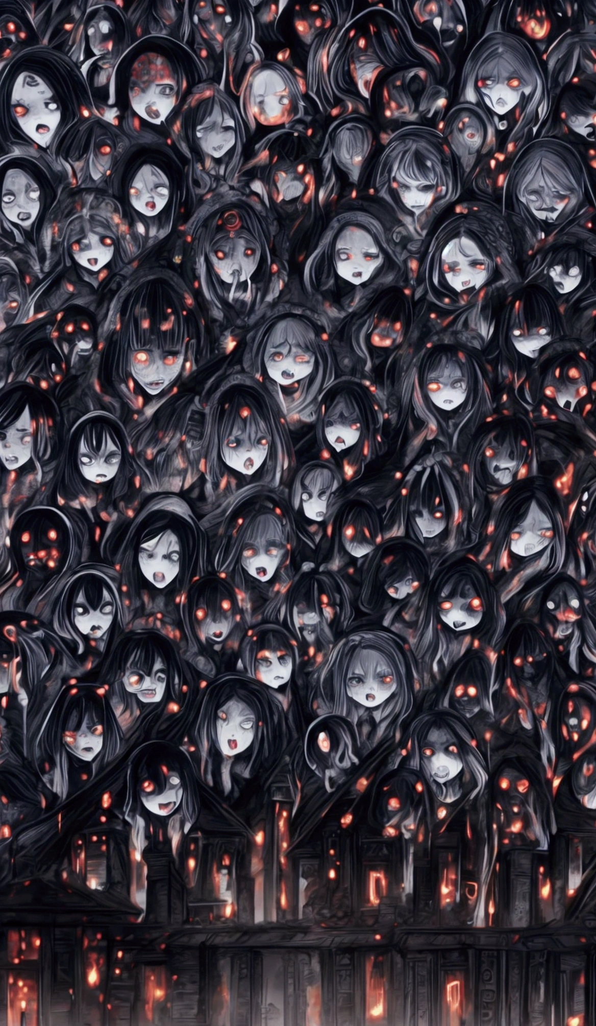 "A witch who lives in a terrifying mountain ,  She has black disheveled hair and fiery red eyes,  She raises her hands while cursing the villagers .  Her face is distorted with anger ,  Her body is burning while being engulfed in flames .  The villagers stand in the background , Frozen with fear,  is watching the scene with horror ."
