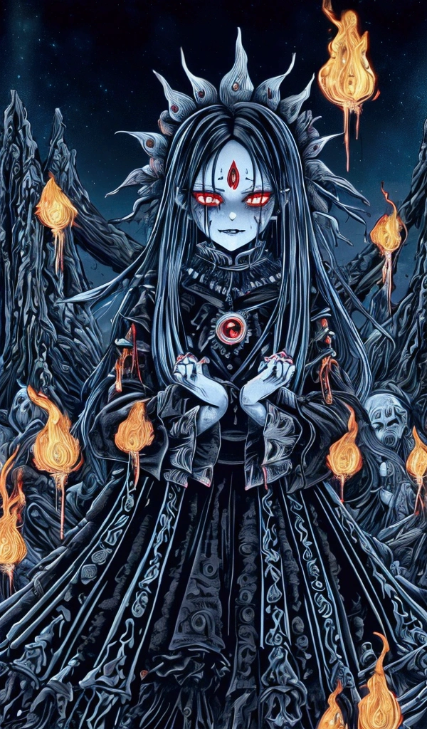 "A witch who lives in a terrifying mountain ,  She has black disheveled hair and fiery red eyes,  She raises her hands while cursing the villagers .  Her face is distorted with anger ,  Her body is burning while being engulfed in flames .  The villagers stand in the background , Frozen with fear,  is watching the scene with horror ."
