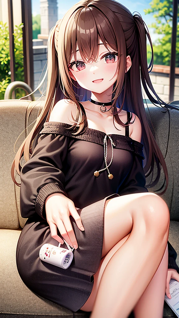 A stunning masterpiece of a high-res portrait of a beautifully detailed girl with long, shiny brown hair and mesmerizing green eyes, wearing a cozy sweater and flashing a gorgeous smile that accentuates her small yet perfectly-formed breasts.