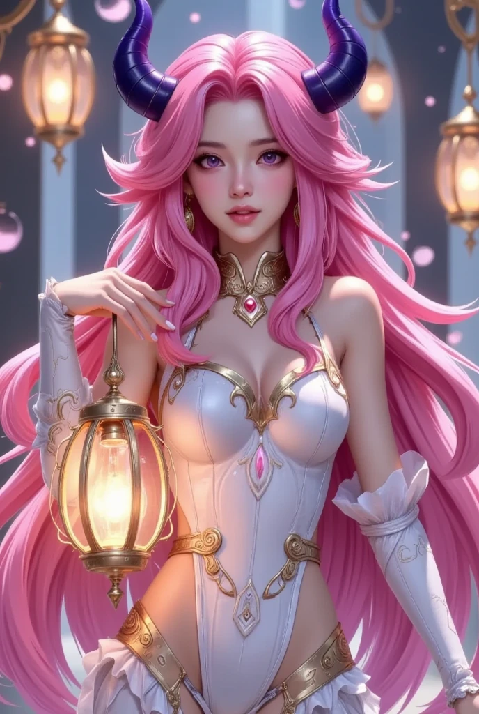 A woman with pink hair and horns holding a lantern, extremely detailed Artistic Germ,  fantasy art style , Artistic Germ detailed, style of Artistic Germ, Artistic Germ. Anime illustrations, style Artistic Germ, Artistic Germ lau, Anime fantasy illustration, ! dream Artistic Germ, ig model | Artistic Germ, Artistic Germ. high detail