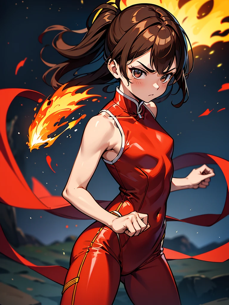 Super martial artist. Beautiful teenage girl. Fire element. Brown hair. Wearing red sexy sleeveless kungfu suit no pants. No bra. No underwear. Flat chest. Serious face. Kungfu pose