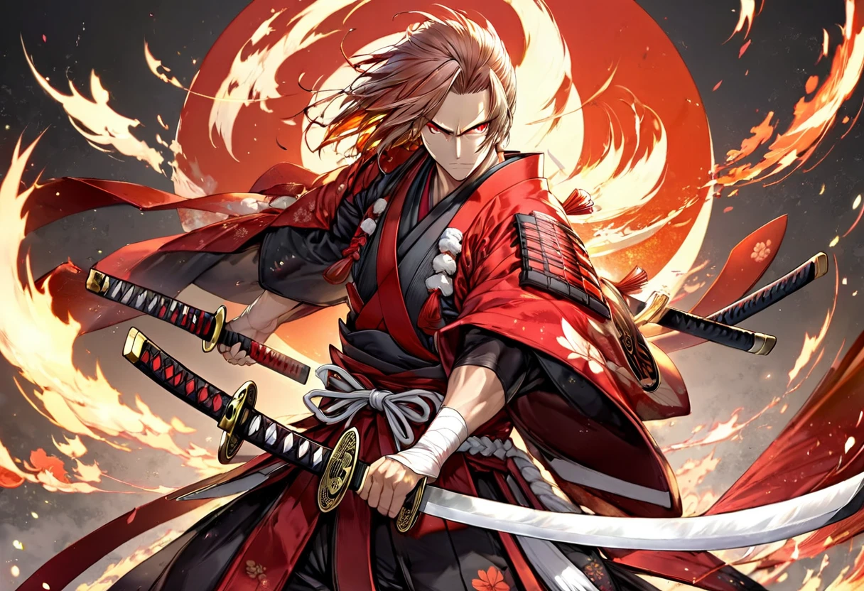 Score_9, Score_8, Score_7_up, 1man, samurai, white flame eye, red samurai armor, japan, (((Sword, perfection, perfection detail:1.5, great katana, Long blade , huge,  short grip part))), both hands, Have, Stance, Low body strength , dynamic, Oblique angle