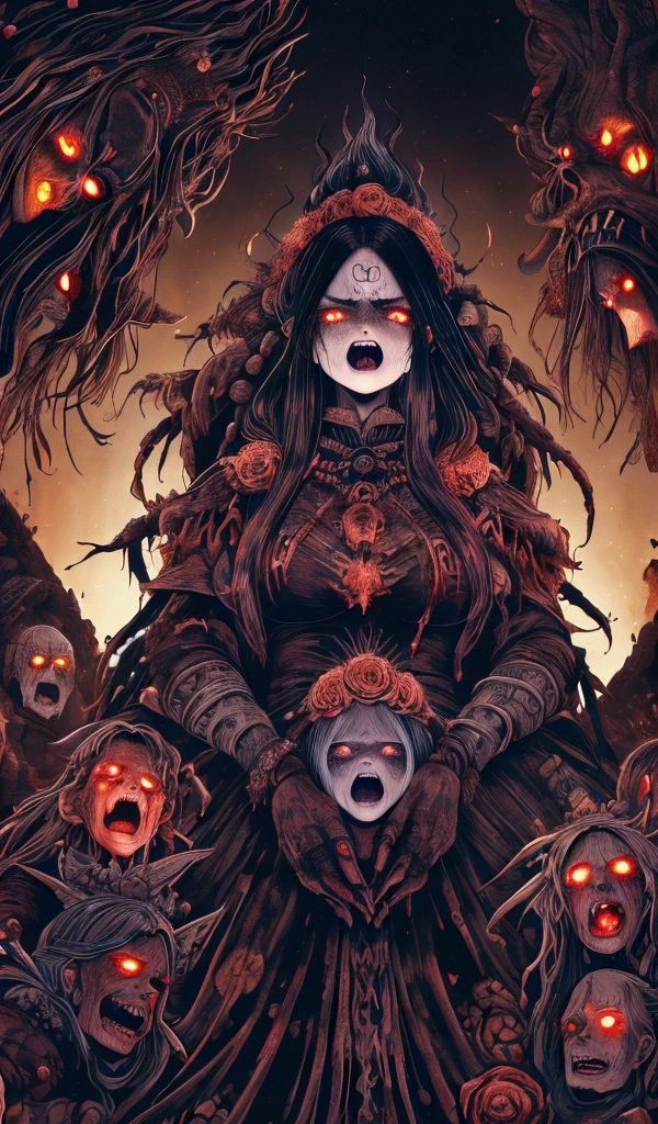 "A witch who lives in a terrifying mountain ,  She has black disheveled hair and fiery red eyes,  She raises her hands while cursing the villagers .  Her face is distorted with anger ,  Her body is burning while being engulfed in flames .  The villagers stand in the background , Frozen with fear,  is watching the scene with horror ."
