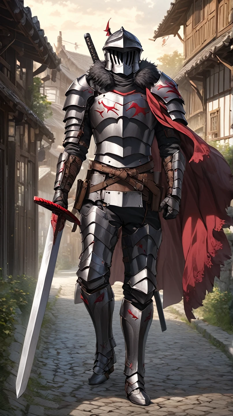 man,  Fairy Slayer , Holy Knight,Wears heavy armor(Black Red),karate,Greatsword,Fur collar ,Black woolen cape background on village and country road, Full Body View , man,  Very detailed,  high detail