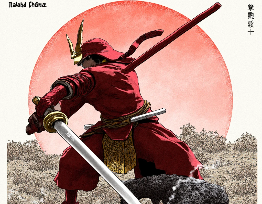 Score_9, Score_8, Score_7_up, 1man, samurai, white flame eye, red samurai armor, red helm, pocket, japan, (((Sword, perfection, perfection detail:1.5, great katana, huge, long))), ((both hands, Have)), Stance, Low body strength , dynamic, Oblique angle:1.2, (((Ink painting, force, shortage々Nice touch )))