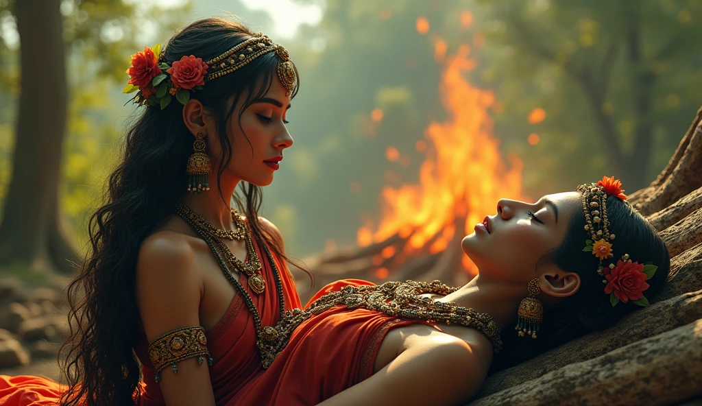 Radha krishna romantic nude hug in a jumgle hut in the night, lying over a wooden bed. Image from a distance.