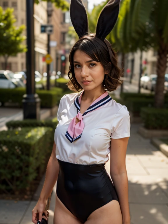 1girl,adapted costume,animal ears,bag,black bag,black leotard,brown eyes,brown hair,brown shirt,closed mouth,dated,fake animal ears,kitauji high ,leotard,looking at viewer,neckerchief,pink neckerchief,playboy bunny,rabbit ears,rabbit tail,sailor collar,sailor shirt,,shirt,short hair,side-tie leotard,solo,standing,tail,thighs,white sailor collar