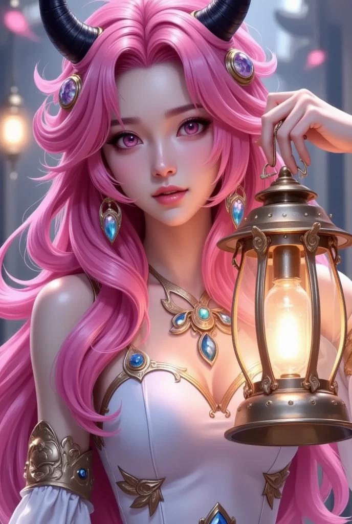 A woman with pink hair and horns holding a lantern, extremely detailed Artistic Germ,  fantasy art style , Artistic Germ detailed, style of Artistic Germ, Artistic Germ. Anime illustrations, style Artistic Germ, Artistic Germ lau, Anime fantasy illustration, ! dream Artistic Germ, ig model | Artistic Germ, Artistic Germ. high detail