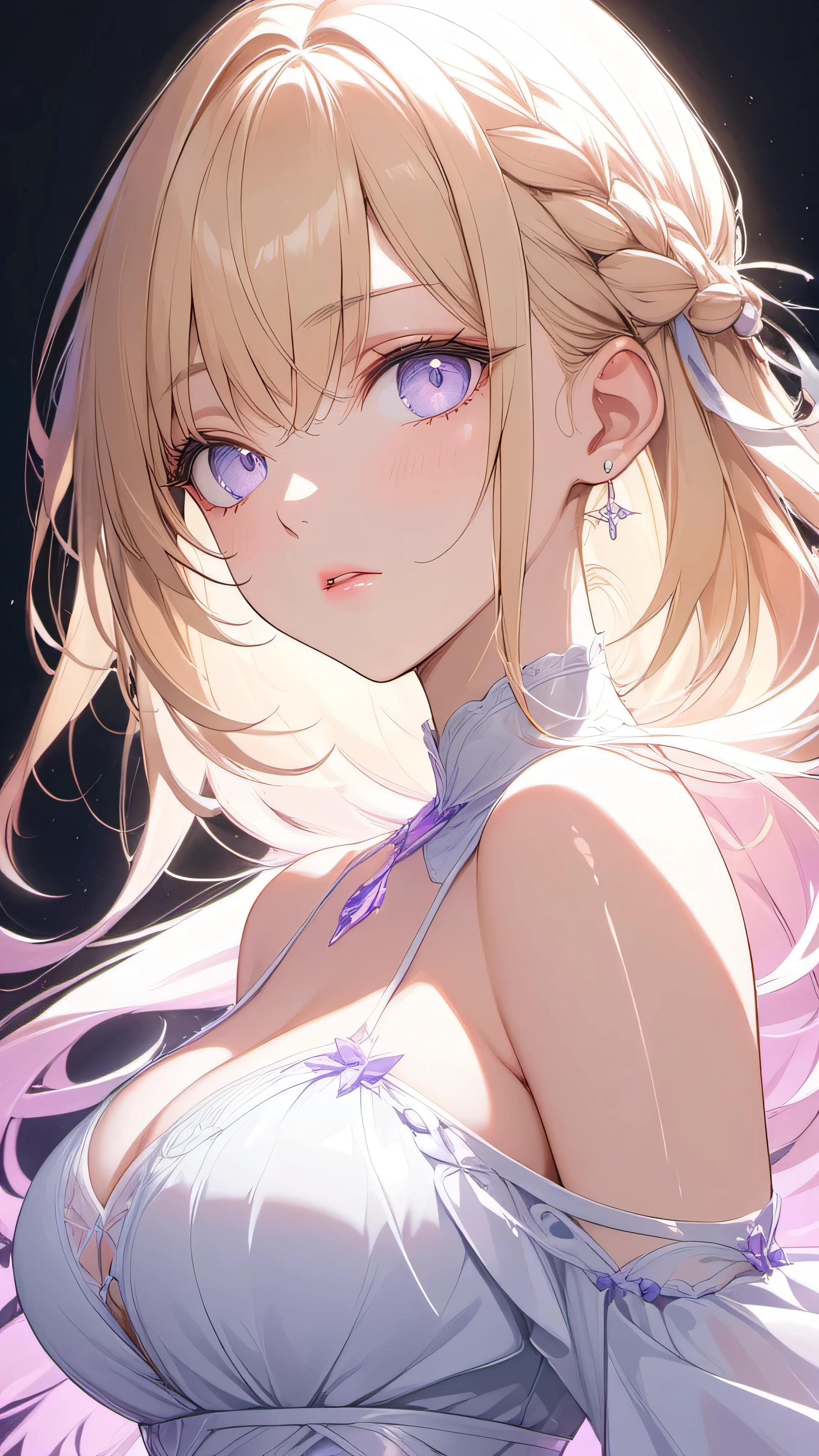 top-quality、Top image quality、​masterpiece、girl with((18year old、Best Bust、big bast,Beautiful blue eyes、Breasts wide open, Blonde ponytail、A slender,Large valleys、Black hoodie、White pants、Sleeveless、Ruby Earrings、lean against the wall)）hiquality、Beautiful Art、Background with((Full Moon Night、dancing rose petals、Beautiful night sky)))、,masutepiece、visualart、depth of fields、