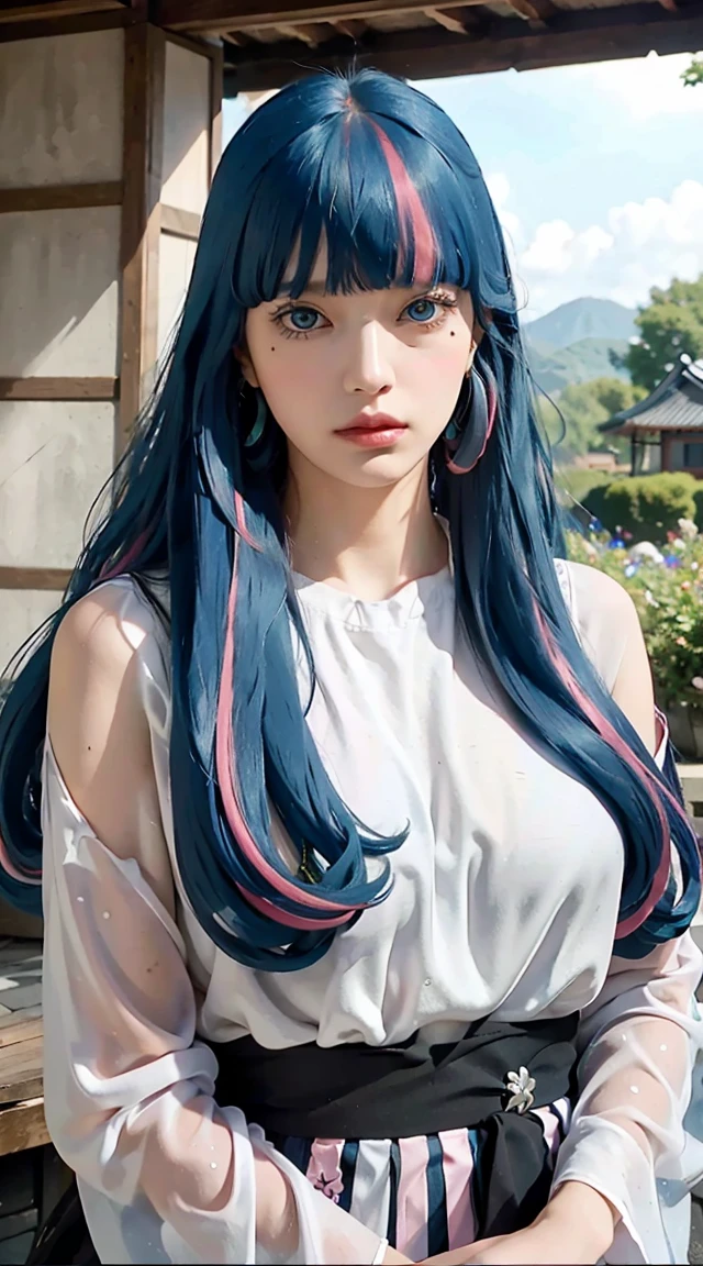 Ada, Long Hair, bangs,  blue eyes, very Long Hair,  blue hair ,  Pink Hair,  multicolored hair,  earrings for a woman alone, blunt bangs, Two-tone hair, Striped Hair, beautiful, beautiful woman,  perfect body , Perfect breasts, Kimono, Show your shoulderss, wearing  earrings for a woman alone,  watch wearing , In the garden, Cherry Tree,  traditional Japanese house ,  staring at viewers, A faint smile,  realism, masterpiece,  textured leather, Super detailed,  high detail,  high quality, 最 high quality, 1080P, 16k, Show your shoulders