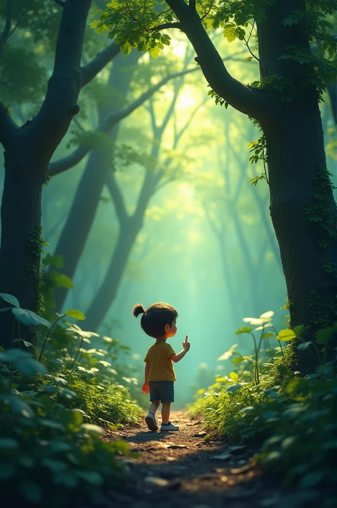 A small blind boy with short black hair stands crying in a forest surrounded by tall trees.