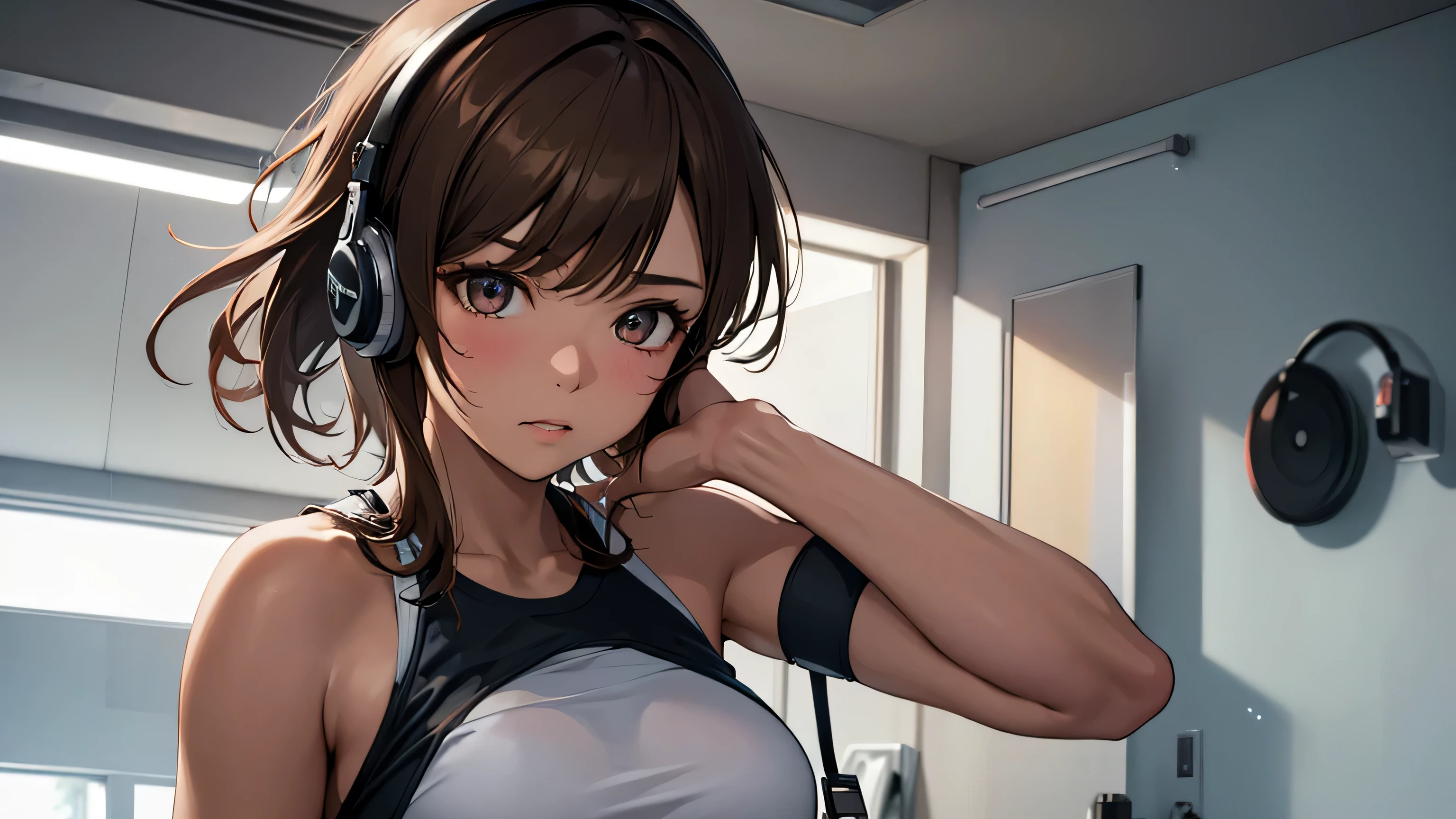 Working out at the gym、Glass wall、Glazed windows、 girl, girl, headphones, Highly praised, ( High Quality),masterpiece, best quality,extremely Details CG wallpaper, ultra_ Details,( Movie Lighting:1.1), (Cold Face), Odd Eye, 1 girl , alone, gold_Dark Red Hair, semi-long, masterpiece, best quality, (Great photo), ( Detailed body ),Small Head:1.3,Beautiful Skin,(Brown Skin:1.8),Center Configuration, ,(whole body:1.4),((Accurate limbs:1.2,Realistic:1.3, RAW Photos:1.3,masterpiece、Best Quality、ultra - high resolution on down、 high resolution on down、very detailsCG on the belt、8k)),
