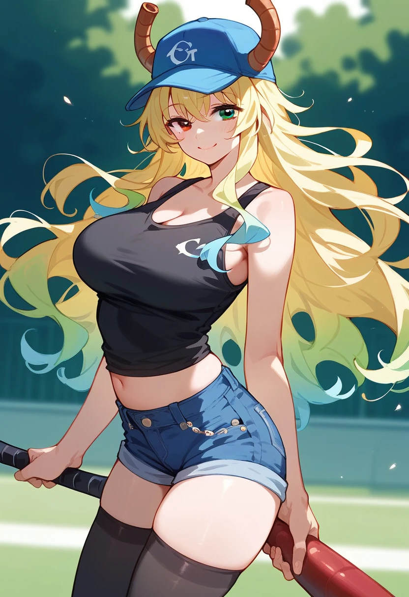  solo, 1girl, lucoa , smile, looking at viewer, heterochromia, baseball cap, dragon horns, black tank top, denim shorts, thighhighs 