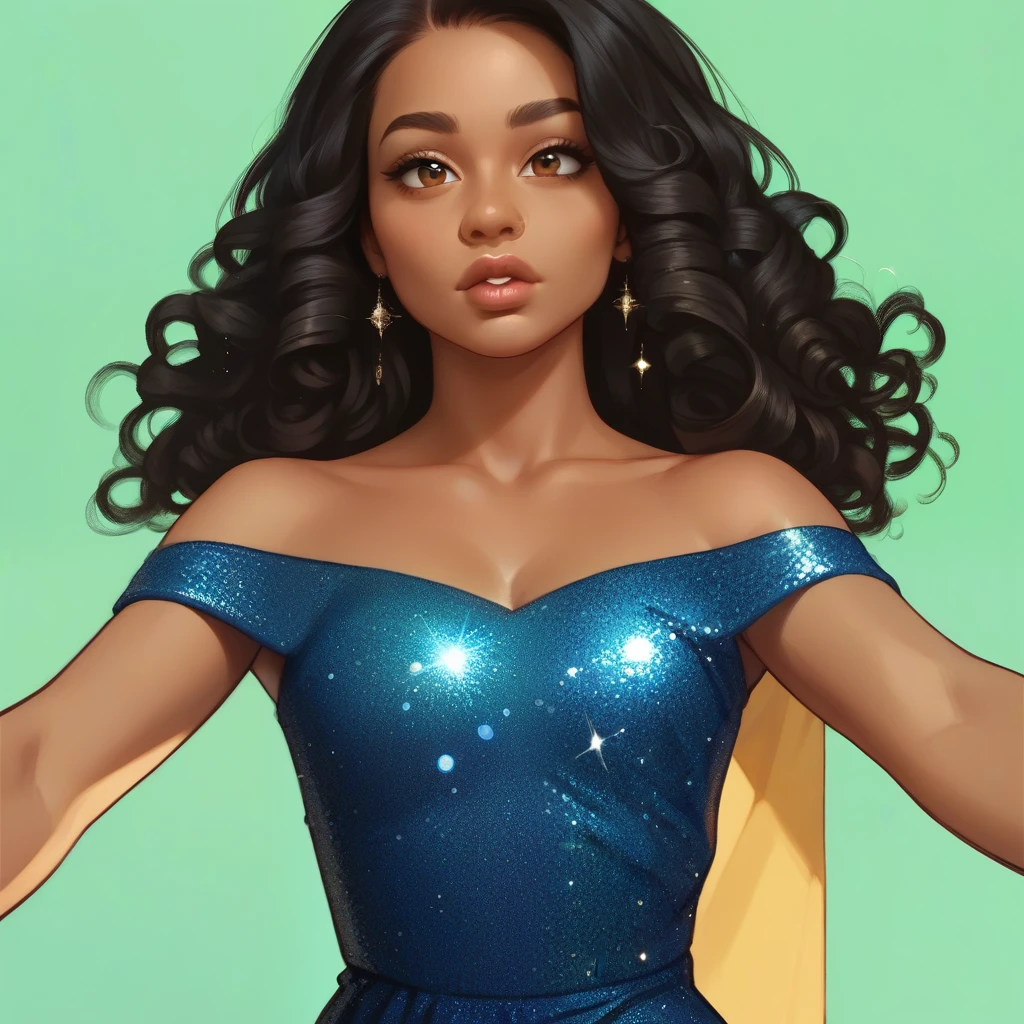 Beautiful, young woman, brown skin, brown eyes, nubian nose, full lips, very curly black hair, sparkly blue club dress, emerald green background, waist up