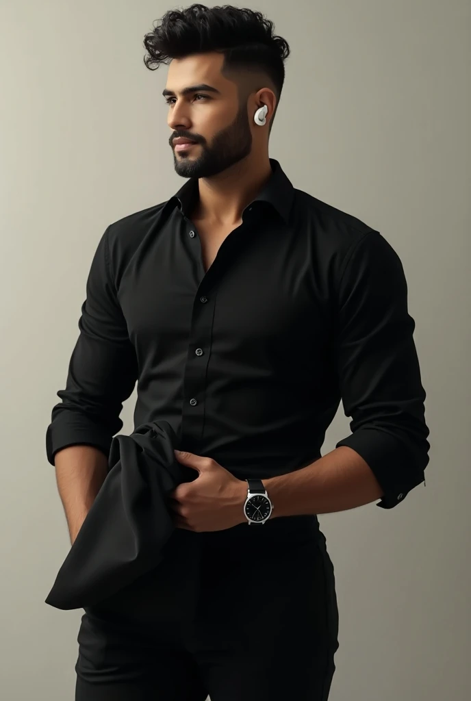A y and handsome indian man,with gorgeous face and beautifull eyes, he has stylish black hair, wearing a casual shirt, and inner wear, homsfw,masterpiece, intimidating expression , public place