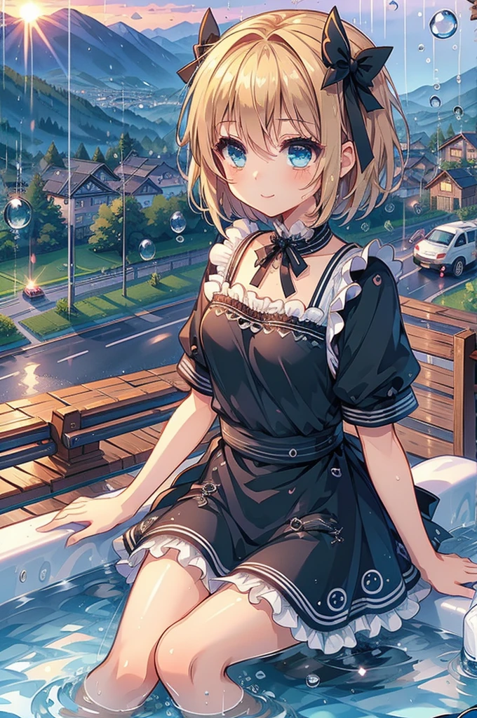 (4K,  super high quality, masterpiece:1.2),  super high definition, One person,  girl, cute, Blonde, Blue Eyes, Small breasts,  maid clothes,  black dress,  White Apron ,  white and black apron dress ,  Katyusha,  Blue Ribbon , Bathroom, Bathtub, Taking a bath, My clothes are still ,  soaked in water up to my chest, Submersion, Water droplets all over the body, soaked,  like a , Bright smile, 