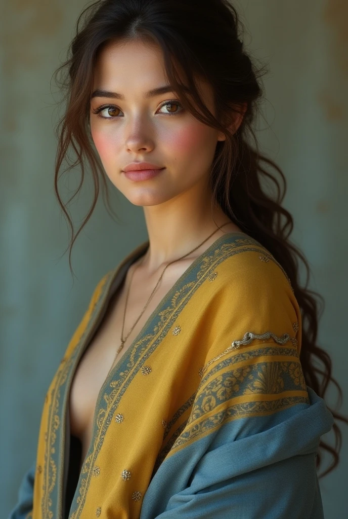 Beautiful girl, detailed blue eyes, detailed facial traits, inside a temple, open orange monk robe, long white hair, naked breasts