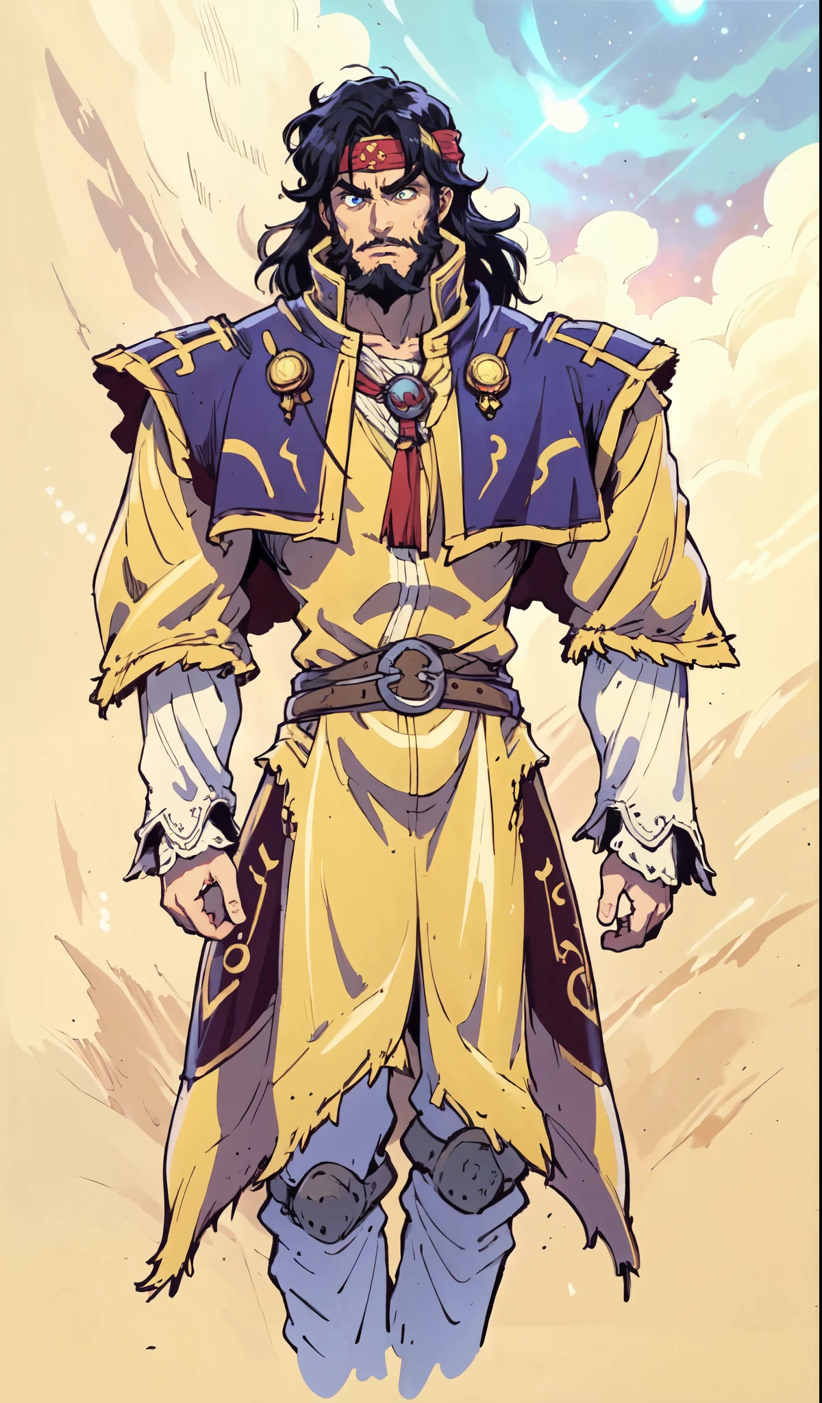 (masterpiece:1.2, best quality:1.2, extremely delicate:1.2), ((male:1.5)), a middle-aged man with medium-length black hair, a yellow headband, thick eyebrows, focused gaze, dignified face, large beard, tall and slender physique, a fantasy-style mage robe, the color scheme is primarily Yellow with White and Black accents, large wide hem, large shoulder armor resembling a cloak, a fire dragon belt, fabric trousers, the background features a thundercloud sky lit up by a red glow from the flames, this character embodies a finely crafted fantasy-style mage in anime style, exquisite and mature manga art style, dramatic, high definition, highres, ultra-detailed, ultra-fine painting, professional, perfect body proportions, golden ratio, anatomically correct, symmetrical face, extremely detailed eyes and face, high quality eyes, creativity, RAW photo, UHD, 32k, Natural light, cinematic lighting, (masterpiece-anatomy-perfect:1.2)