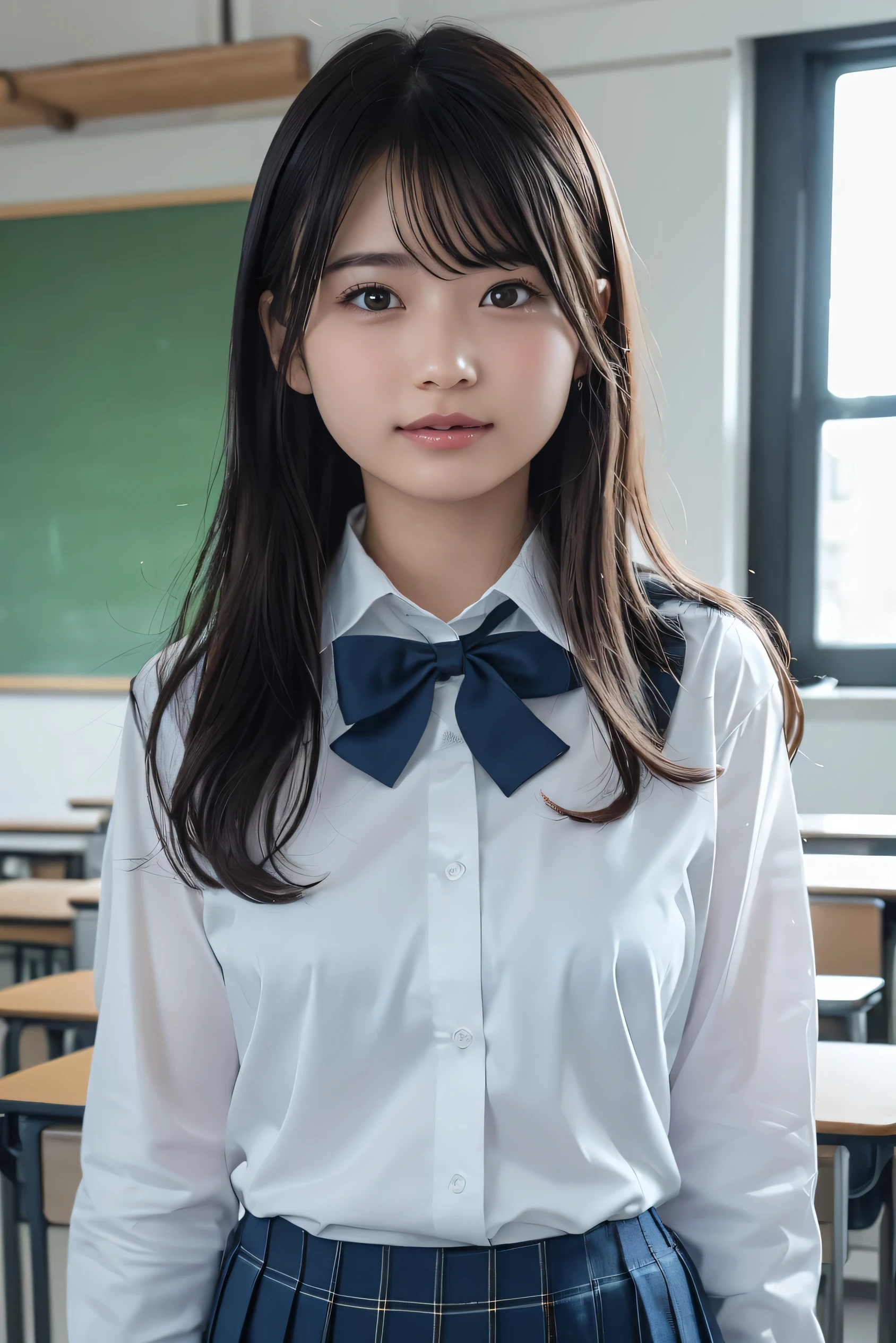 ((Highest quality)), ((masterpiece)), (detailed), One girl, (Black pleated skirt), (Green bow tie on chest), (Long sleeve white shirt), Nothing on my head, (Black patterned pleated skirt), classroom, black skirt, tall, slender, small head, high stature, long hair, long neck,