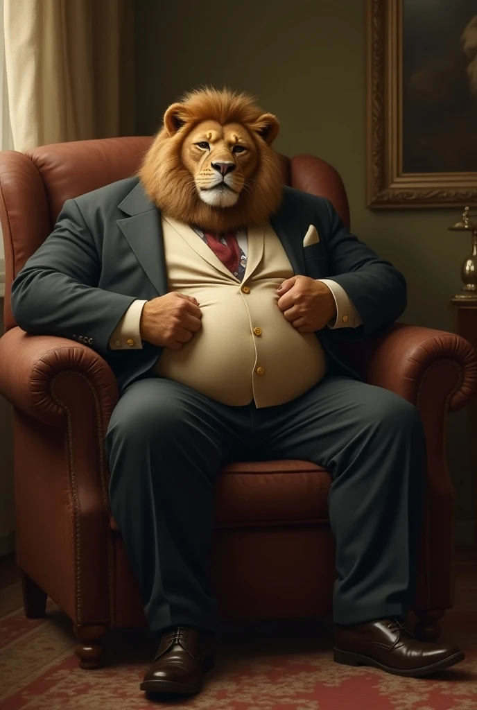 a very obese male lion with a long blond mane, extreme big and fat belly, extremely detailed eyes, feline hands, feral paws, long fur, heavy body hair, wearing a very tight shirt and tight cargo pants, sitting on a homemade chair in an indoor greenhouse, front view, (best quality,8k,highres,masterpiece:1.2),ultra-detailed,(realistic,photorealistic,photo-realistic:1.37),HDR,UHD,studio lighting,ultra-fine painting,sharp focus,physically-based rendering,extreme detail description,professional,vivid colors,bokeh,cinematic,extremely detailed eyes and face, correct ???????, correct eyes, correct hands