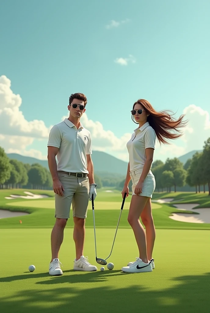 highest quality、16K high resolution、Super detailed、masterpiece、Live shooting、realistic:1.4、hyper realism:1.4、sharp focus、very delicate and beautiful、small details、(one beautiful female golfer)、(1 middle-aged male golfer:1.5)、(european:1.2)、(super beautiful)、(beautiful face:2)、(detailed face:1.5)、(fine eyes:1.1)、(fine and beautiful eyes:1.1)、Perfect round eyes、(detailed lips:1.1)、(detailed nose:1.1)、(blonde:1.3)、(Golf course greens:1.3)、(before hitting the putter)、(Man hugging woman from behind:1.6)、(mini skirt:1.5)、(white panties)、(Woman has a troubled face)、(Two people wearing golf clothes:1.1)、(Clothes)、(At SFW)
