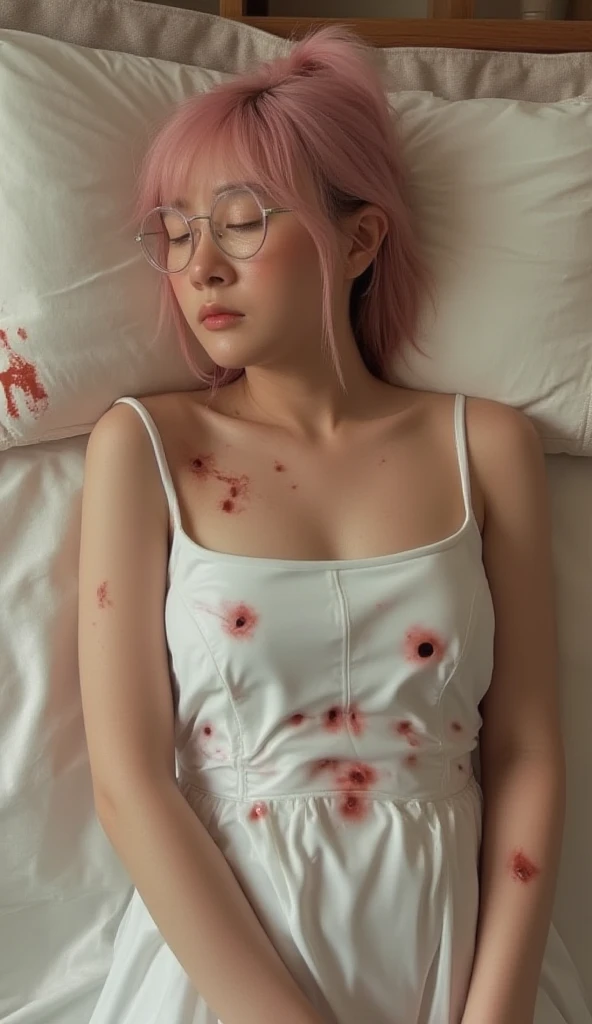 The Asian woman, wearing a full latex dress, was sleeping on a rubber bed. On her body were scarred, small holes, which had bullet marks in the dress, pierced through the rubber suit and bled. Short pink hair, big round glasses.