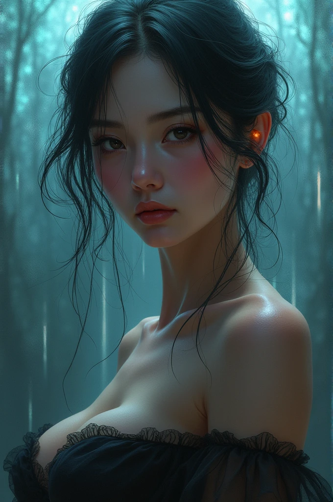 serene and unreal scene, face of a woman seen in profile coming out of the water, gray skin, eyes closed, sleeping, steam, dreamlike atmosphere