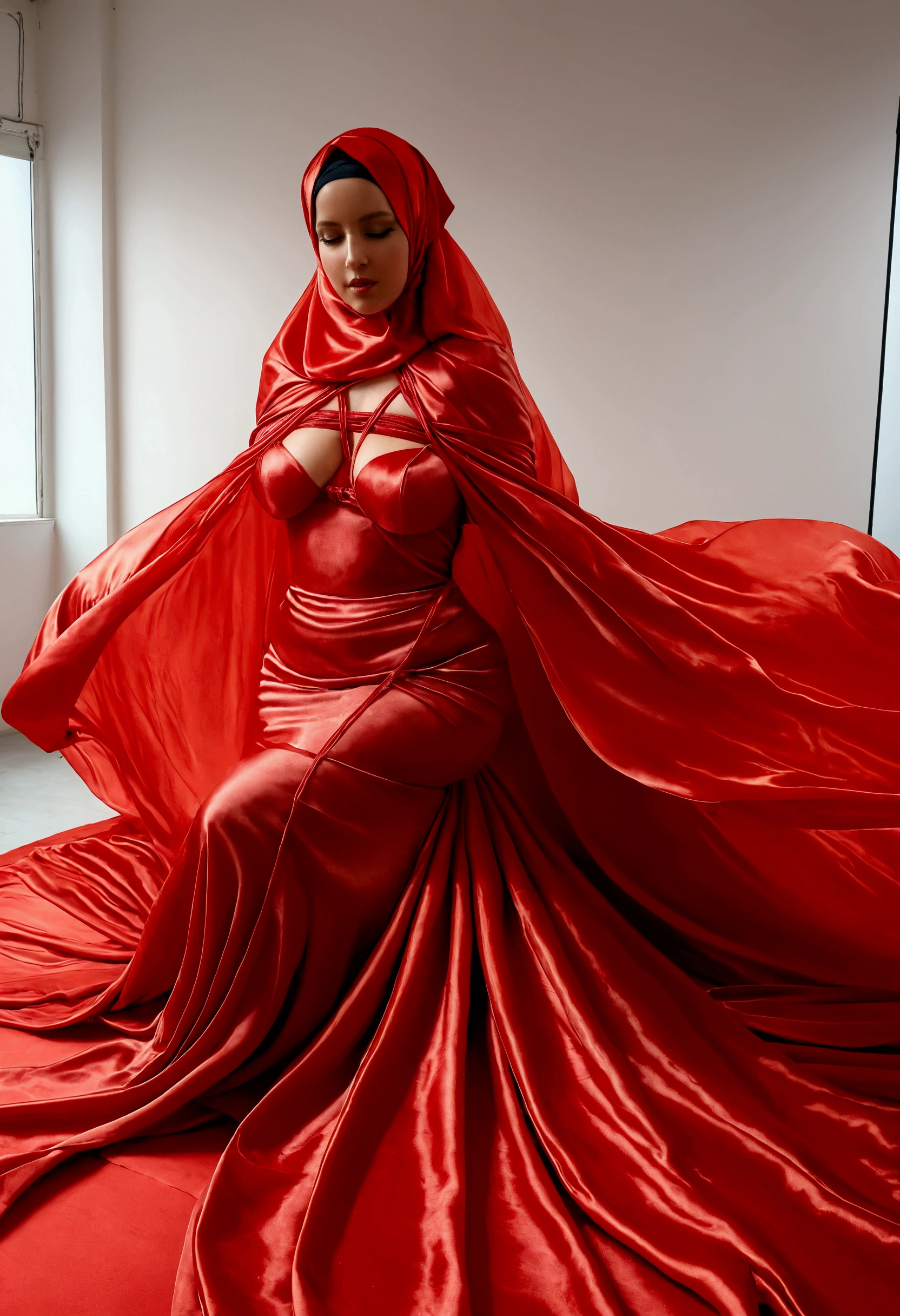 a beautiful woman in the silk red sack, mummified, tight full body tied, satin sheet, nipple on, shibari, satin hijab, full body, long satin,mermaid tight long gown, detail face,tall women, in satin bed, both arms tied in each corner of the bed, another girl kiss 