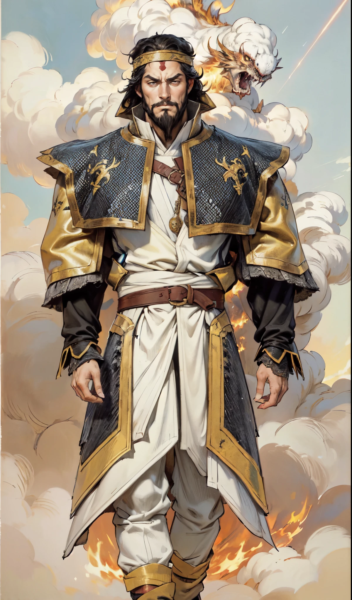 (masterpiece:1.2, best quality:1.2, extremely delicate:1.2), ((male:1.5)), a middle-aged man with medium-length black hair, a yellow headband, thick eyebrows, focused gaze, dignified face, large beard, tall and slender physique, a fantasy-style mage robe, the color scheme is primarily Yellow with White and ‎Black accents, large wide hem, large shoulder armor resembling a cloak, a fire dragon belt, fabric trousers, the background features a thundercloud sky lit up by a red glow from the flames, this character embodies a finely crafted fantasy-style mage in anime style, exquisite and mature manga art style, dramatic, high definition, highres, ultra-detailed, ultra-fine painting, professional, perfect body proportions, golden ratio, anatomically correct, symmetrical face, extremely detailed eyes and face, high quality eyes, creativity, RAW photo, UHD, 32k, Natural light, cinematic lighting, (masterpiece-anatomy-perfect:1.2)