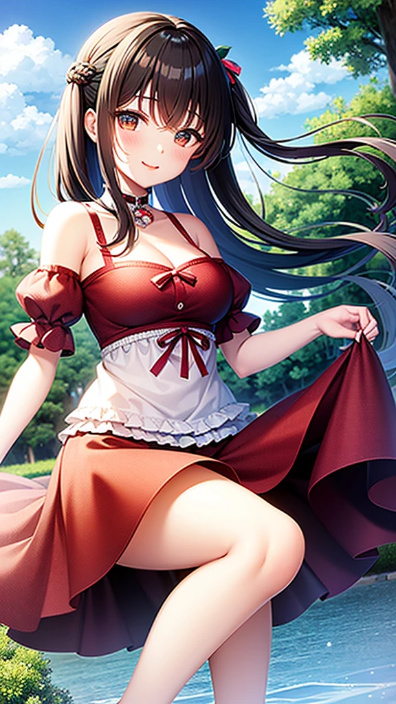 masterpiece, highres, best quality, 1girl, solo, long hair, hat, smile, dress, white headwear, pantyhose, open clothes, looking at viewer, collarbone, closed mouth, ribbon, standing, bangs, hair between eyes, sun hat, breasts, red jacket, blush, floating hair, shiny, arm behind back, cowboy shot, shiny hair, jacket, open jacket, long sleeves, blue ribbon, open cardigan, short dress, hat ribbon, white dress, black pantyhose, brown pantyhose, petals, brown hair, black hair, cleavage,