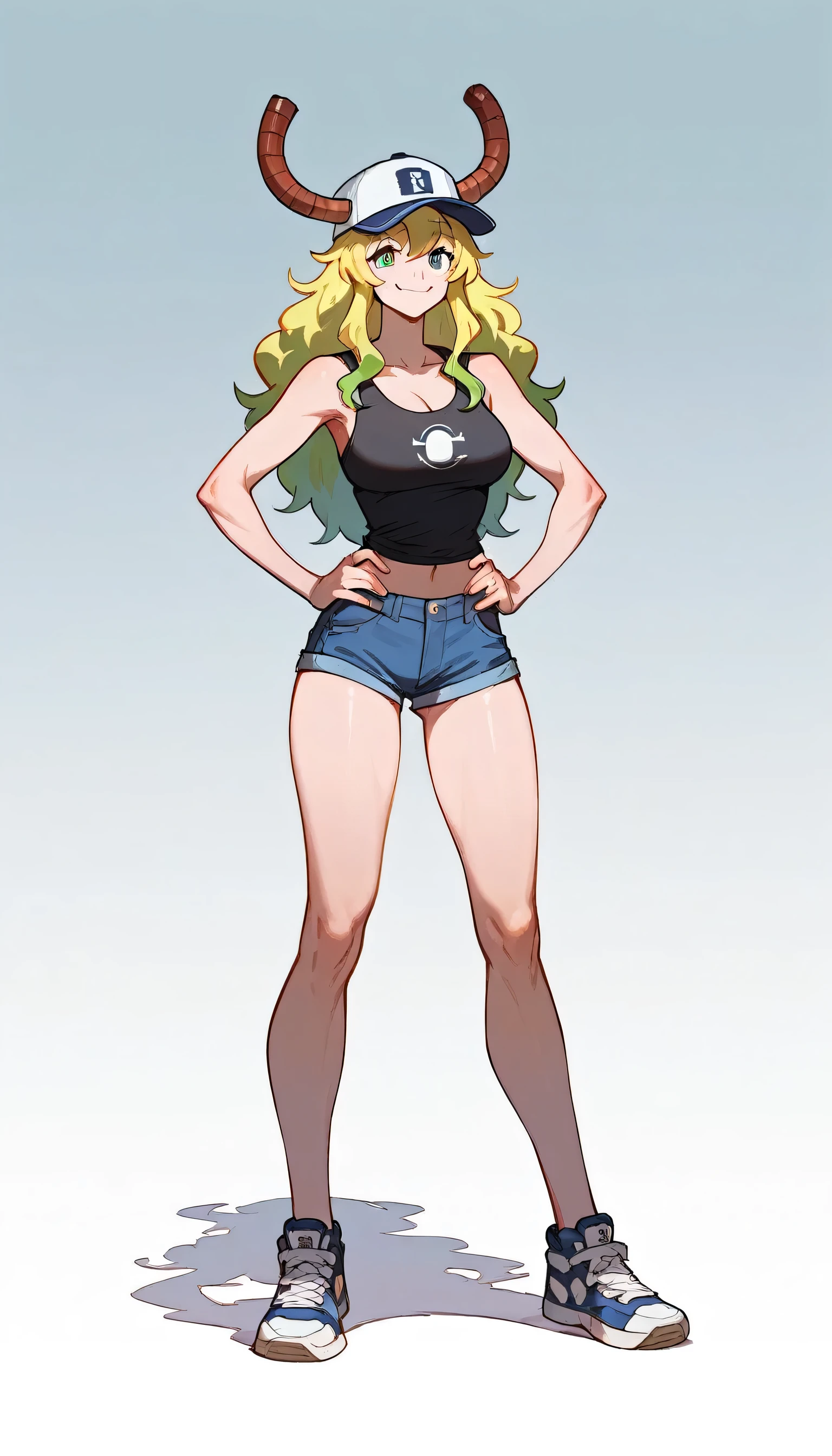 masterpiece, 4k, details, extreme details, high resolution, 1girl, lucoa (Maid Dragon) , smile , baseball cap , dragon horns, black tank top, denim shorts, hands on hips , thigh , long legs , sneakers 