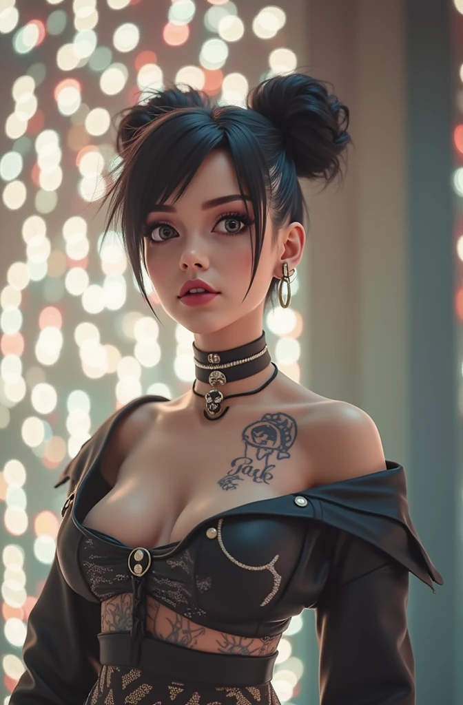 uma jovem morena de 18 anos sorrindo, (wearing torn and dirty overalls) cabelo curto cacheado, tatuagens no corpo e no rosto , olhos grandes azuis, (Neon city background at night),Fleshy lips of the mouth with red lipstick, with the medallion on the neck,brinco, penetrante , seios grandes, sweaty skin with imperfections,Tatuada no rosto, ,(Pigtails de cabelo com gravatas)detalhes intricados ( 8k super realista) em uma cidade com fundo neon cyberpunk ,((Imagem 16k)) HDR ,super realista ,qualidade RAW,(detalhes hiper-realistas) Film style ,cores vivas